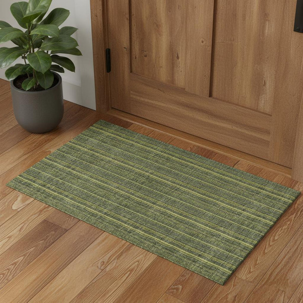 3' X 5' Olive Green And Navy Blue Striped Washable Area Rug With UV Protection