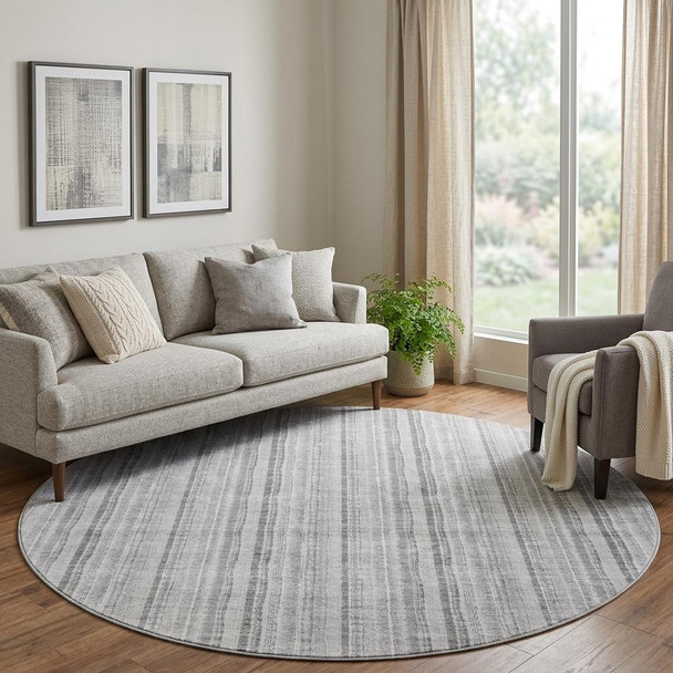 8' Silver And Gray Striped Washable Round Rug With UV Protection