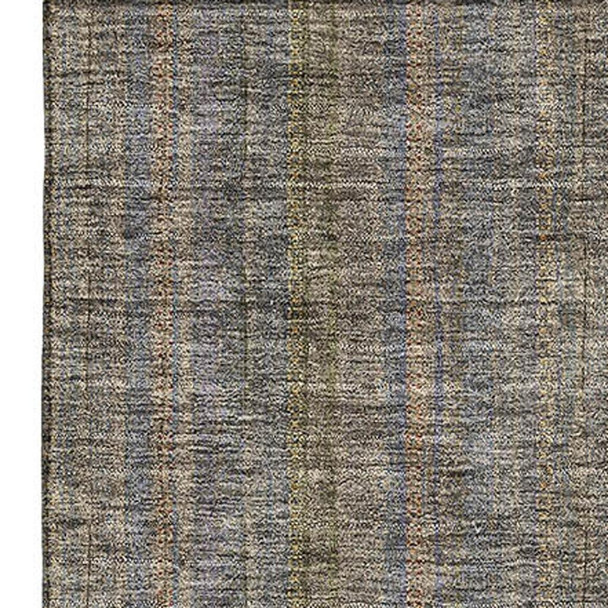 9' X 12' Taupe And Olive Green Striped Washable Area Rug With UV Protection