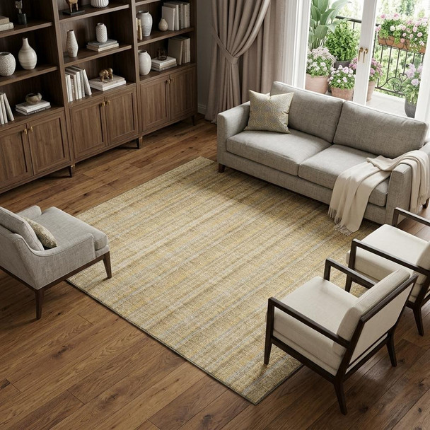 10' X 14' Wheat Gray And Gold Striped Washable Area Rug With UV Protection