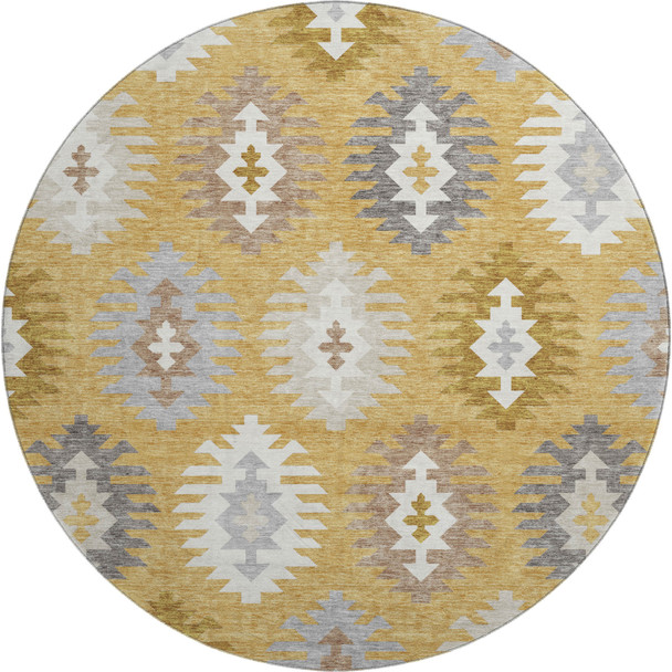 8' Gold Gray And Silver Southwestern Washable Round Rug With UV Protection