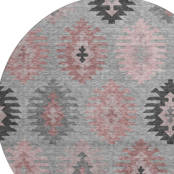 8' Gray Mauve And Silver Southwestern Washable Round Rug With UV Protection
