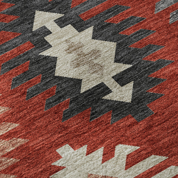 8' Red Ivory And Gray Southwestern Washable Round Rug With UV Protection