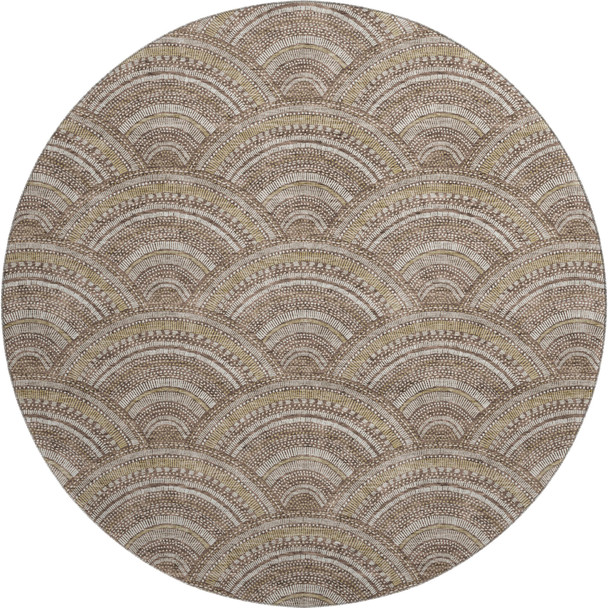 8' Brown Beige And Taupe Geometric Washable Round Rug With UV Protection