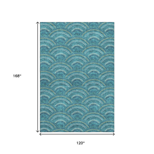 10' X 14' Teal Ivory And Fern Green Geometric Washable Area Rug With UV Protection