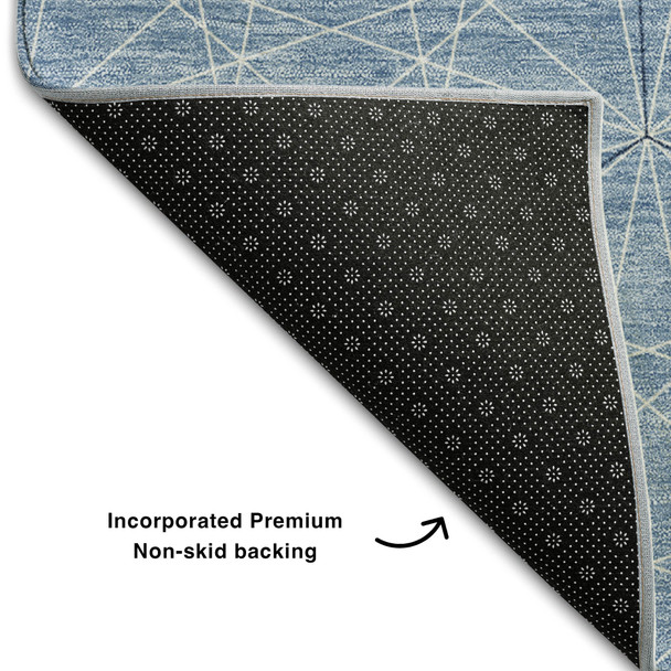 10' X 14' Denim Blue And Ivory Geometric Washable Area Rug With UV Protection