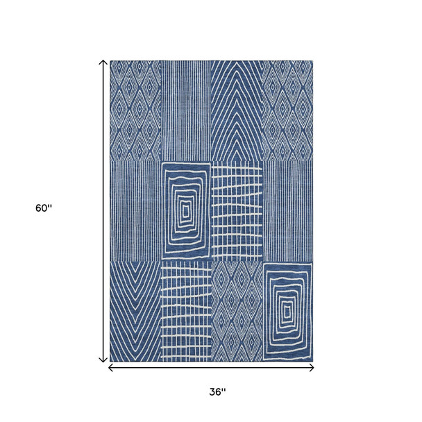 3' X 5' Navy Blue And Ivory Geometric Washable Area Rug With UV Protection