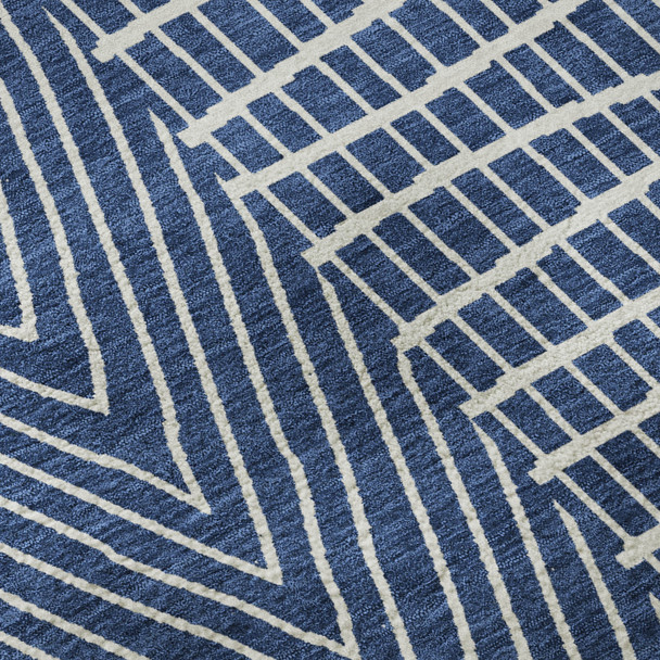 8' Navy Blue And Ivory Geometric Washable Round Rug With UV Protection