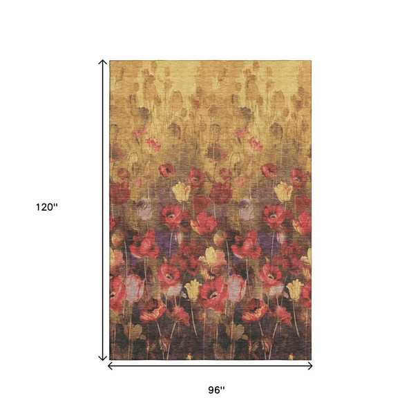 8' X 10' Gold Red And Yellow Floral Washable Area Rug With UV Protection