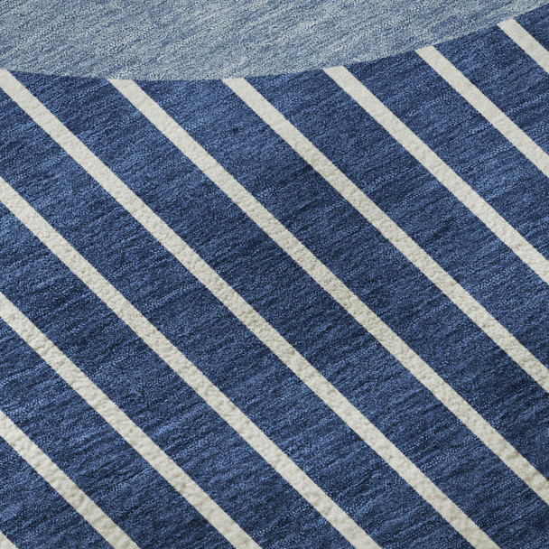 8' Navy Blue And Ivory Striped Washable Round Rug With UV Protection