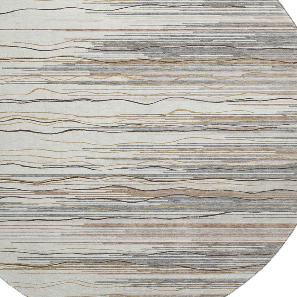 8' Ivory Gray And Brown Striped Washable Round Rug With UV Protection