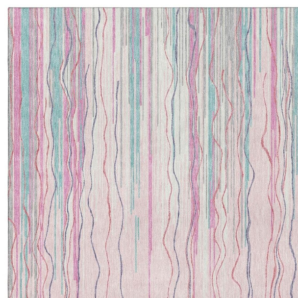 3' X 5' Pink Gray And Teal Striped Washable Area Rug With UV Protection