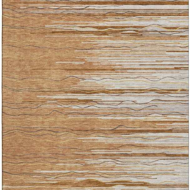 3' X 5' Rust Ivory And Gold Striped Washable Area Rug With UV Protection