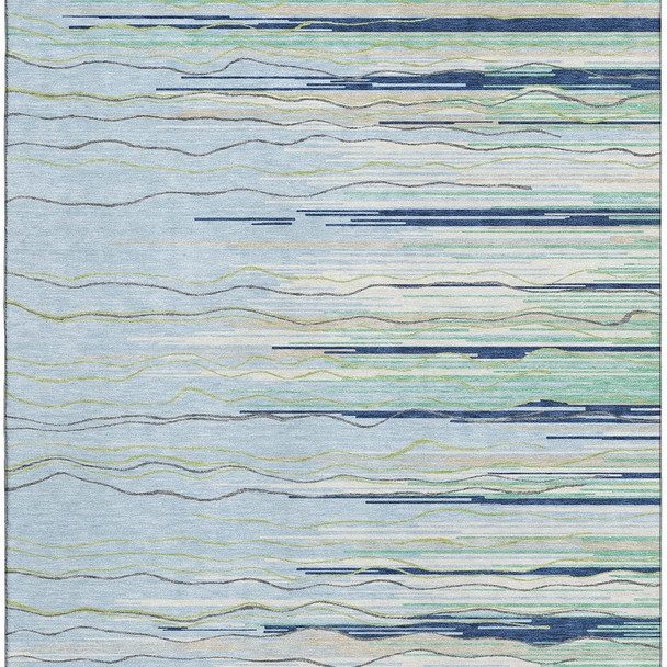 3' X 5' Sky Blue Olive Green And Ivory Striped Washable Area Rug With UV Protection