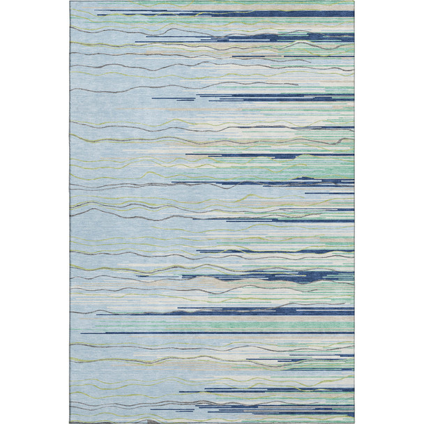 9' X 12' Sky Blue Olive Green And Ivory Striped Washable Area Rug With UV Protection