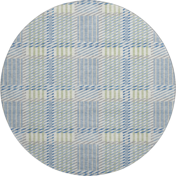 8' Denim Blue Ivory And Gray Plaid Washable Round Rug With UV Protection