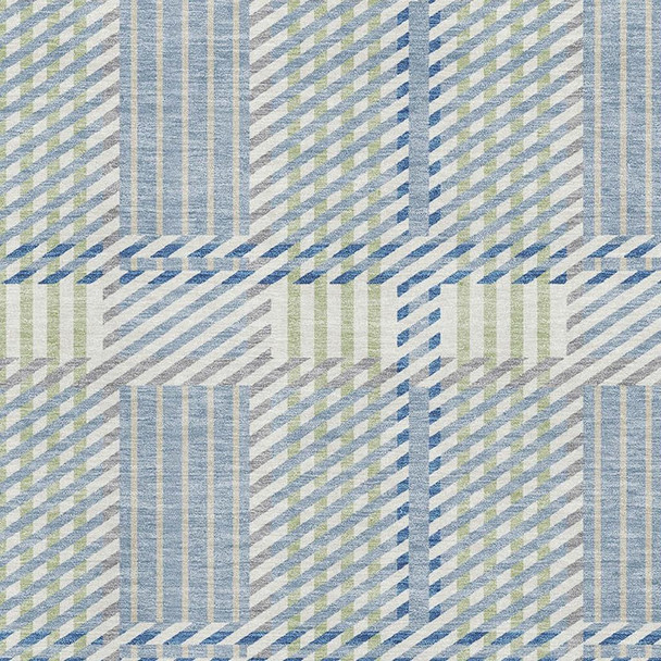 8' X 10' Denim Blue Ivory And Gray Plaid Washable Area Rug With UV Protection