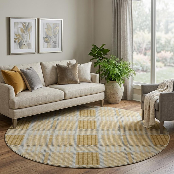 8' Gold Beige And Brown Plaid Washable Round Rug With UV Protection