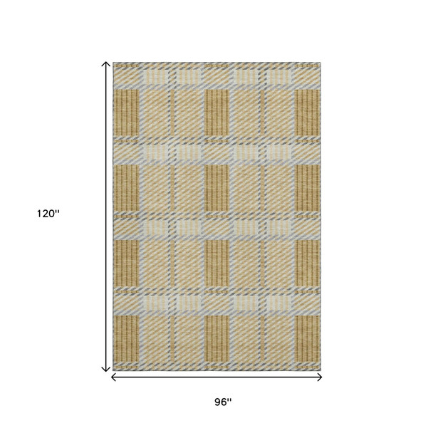 8' X 10' Gold Beige And Brown Plaid Washable Area Rug With UV Protection