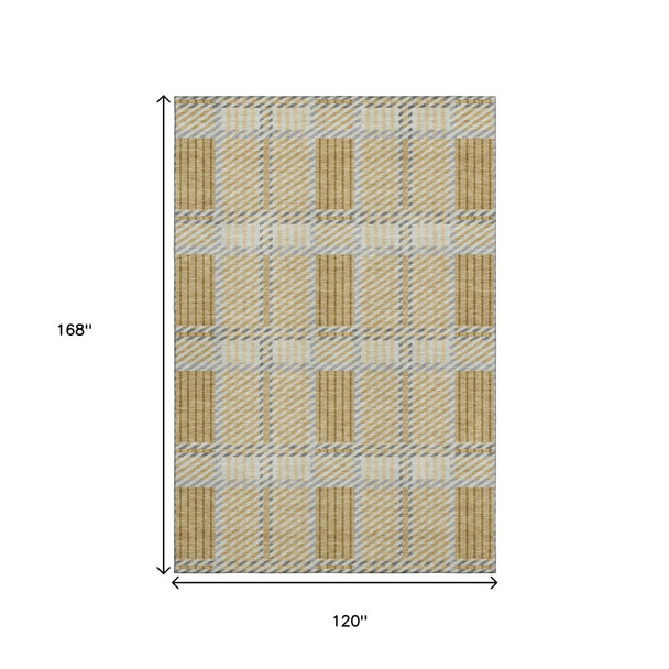 10' X 14' Gold Beige And Brown Plaid Washable Area Rug With UV Protection
