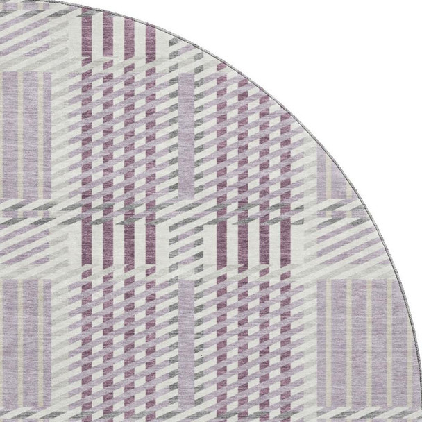 8' Lavender Gray And Ivory Plaid Washable Round Rug With UV Protection