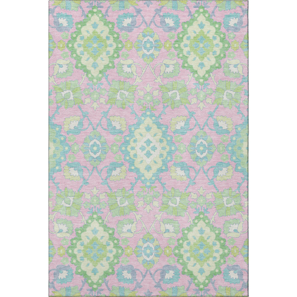 8' X 10' Pink Teal And Lime Green Oriental Washable Area Rug With UV Protection