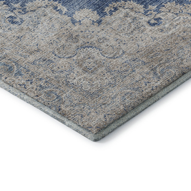 10' X 14' Navy Blue Gray And Ivory Oriental Washable Area Rug With UV Protection