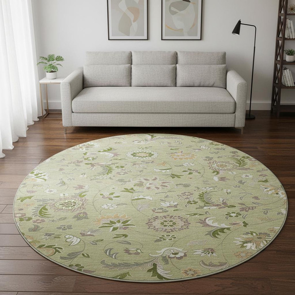 8' Artichoke Green Taupe And Ivory Floral Washable Round Rug With UV Protection