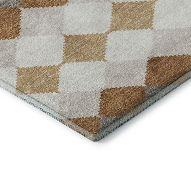 8' Copper Beige And Ivory Geometric Washable Round Rug With UV Protection