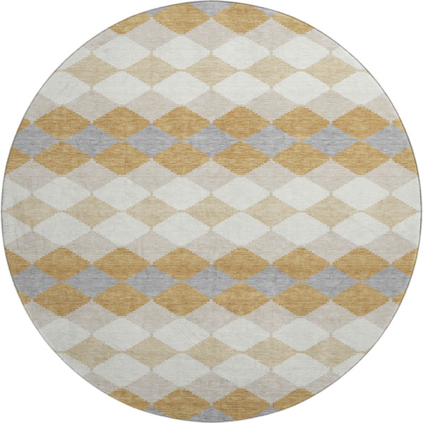 8' Gold Gray And Ivory Geometric Washable Round Rug With UV Protection