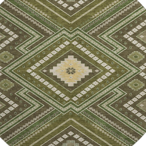8' Olive Green Ivory And Brown Tribal Washable Round Rug With UV Protection