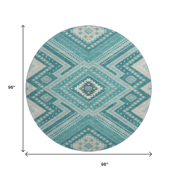 8' Teal Beige And Aqua Tribal Washable Round Rug With UV Protection