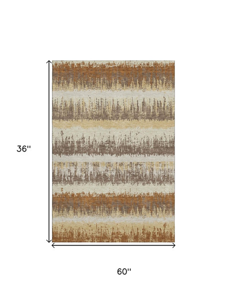 3' X 5' Coffee Beige And Copper Striped Washable Area Rug With UV Protection