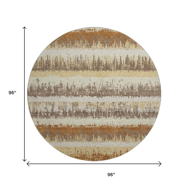 8' Coffee Beige And Copper Striped Washable Round Rug With UV Protection