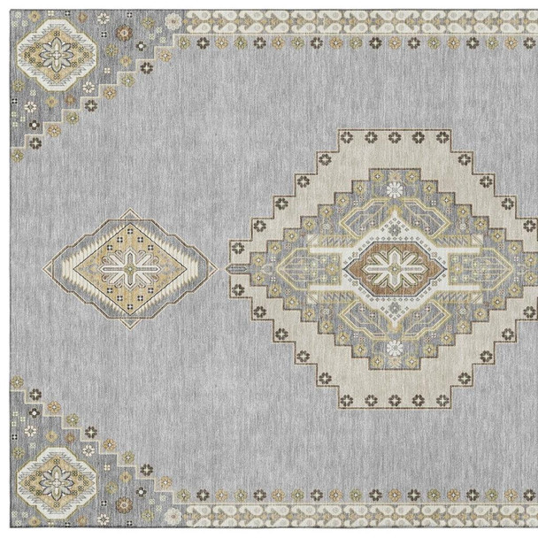 3' X 5' Gray Gold And Beige Oriental Washable Area Rug With UV Protection