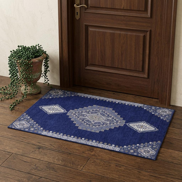 3' X 5' Navy Blue Ivory And Gray Oriental Washable Area Rug With UV Protection