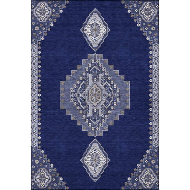 10' X 14' Navy Blue Ivory And Gray Oriental Washable Area Rug With UV Protection