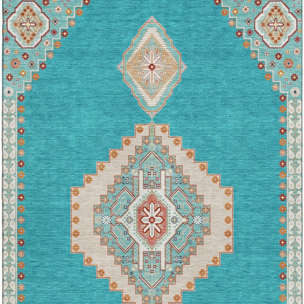 5' X 8' Teal Salmon And Beige Oriental Washable Area Rug With UV Protection