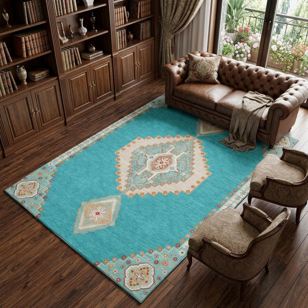 8' X 10' Teal Salmon And Beige Oriental Washable Area Rug With UV Protection