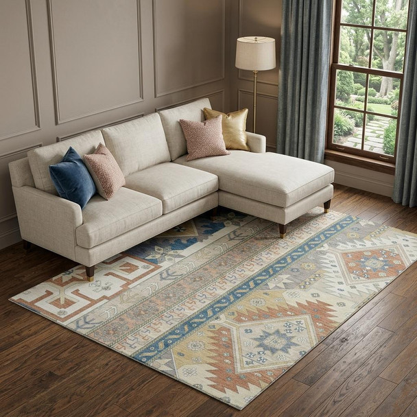 8' X 10' Ivory Copper And Teal Southwestern Washable Area Rug With UV Protection