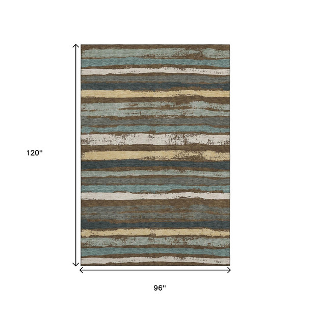 8' X 10' Brown Gold And Ivory Striped Washable Area Rug With UV Protection