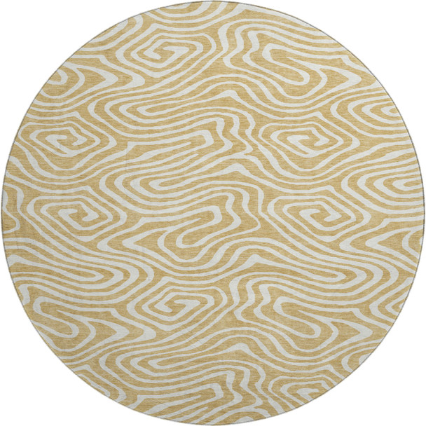8' Gold And Ivory Abstract Washable Round Rug With UV Protection