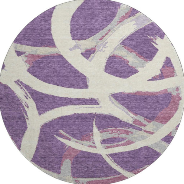 8' Purple Ivory And Blush Abstract Washable Round Rug With UV Protection