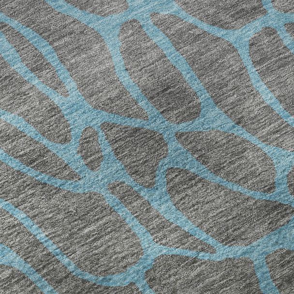 8' Gray And Aqua Geometric Washable Round Rug With UV Protection