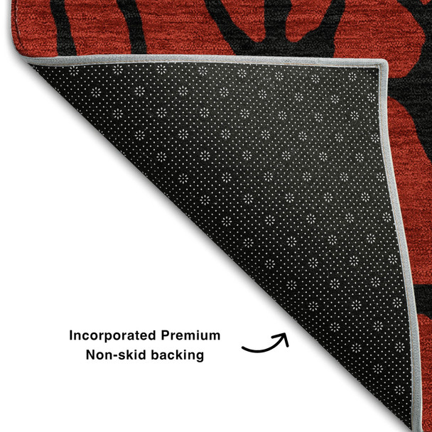 8' Red And Black Geometric Washable Round Rug With UV Protection