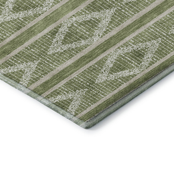 8' Green And Beige Geometric Washable Round Rug With UV Protection