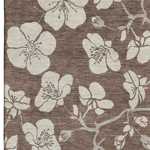 10' X 14' Brown And Beige Floral Washable Area Rug With UV Protection
