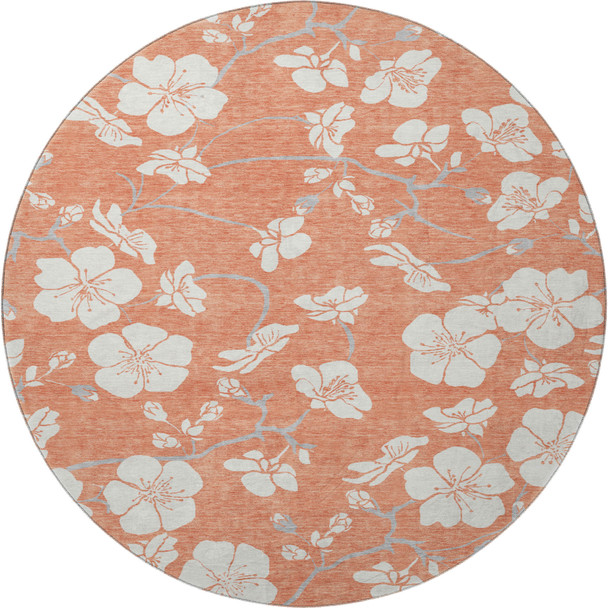 8' Coral And Ivory Floral Washable Round Rug With UV Protection