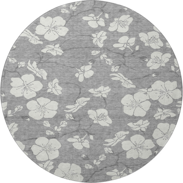 8' Gray And Ivory Floral Washable Round Rug With UV Protection