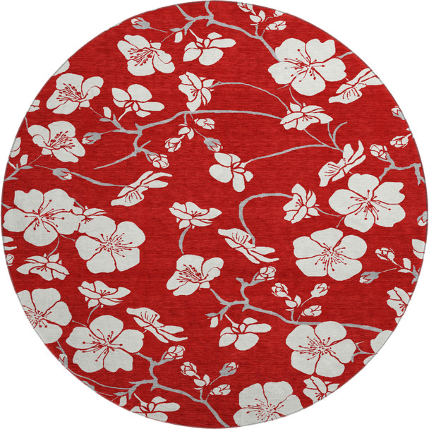 8' Red And Ivory Floral Washable Round Rug With UV Protection